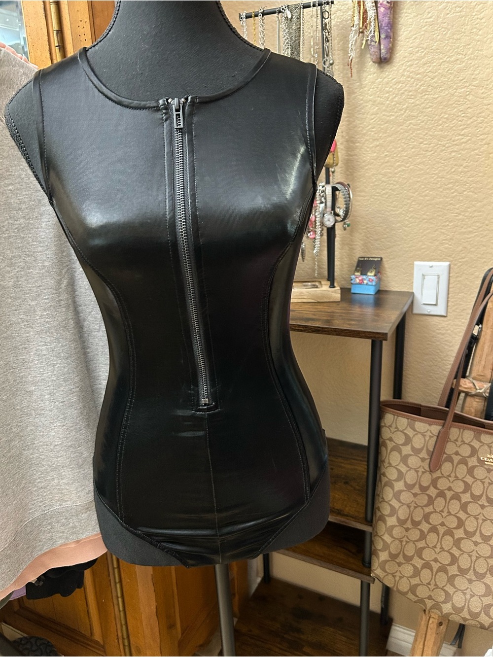 Forever 21 Black Faux Leather Zip Front Bodysuit